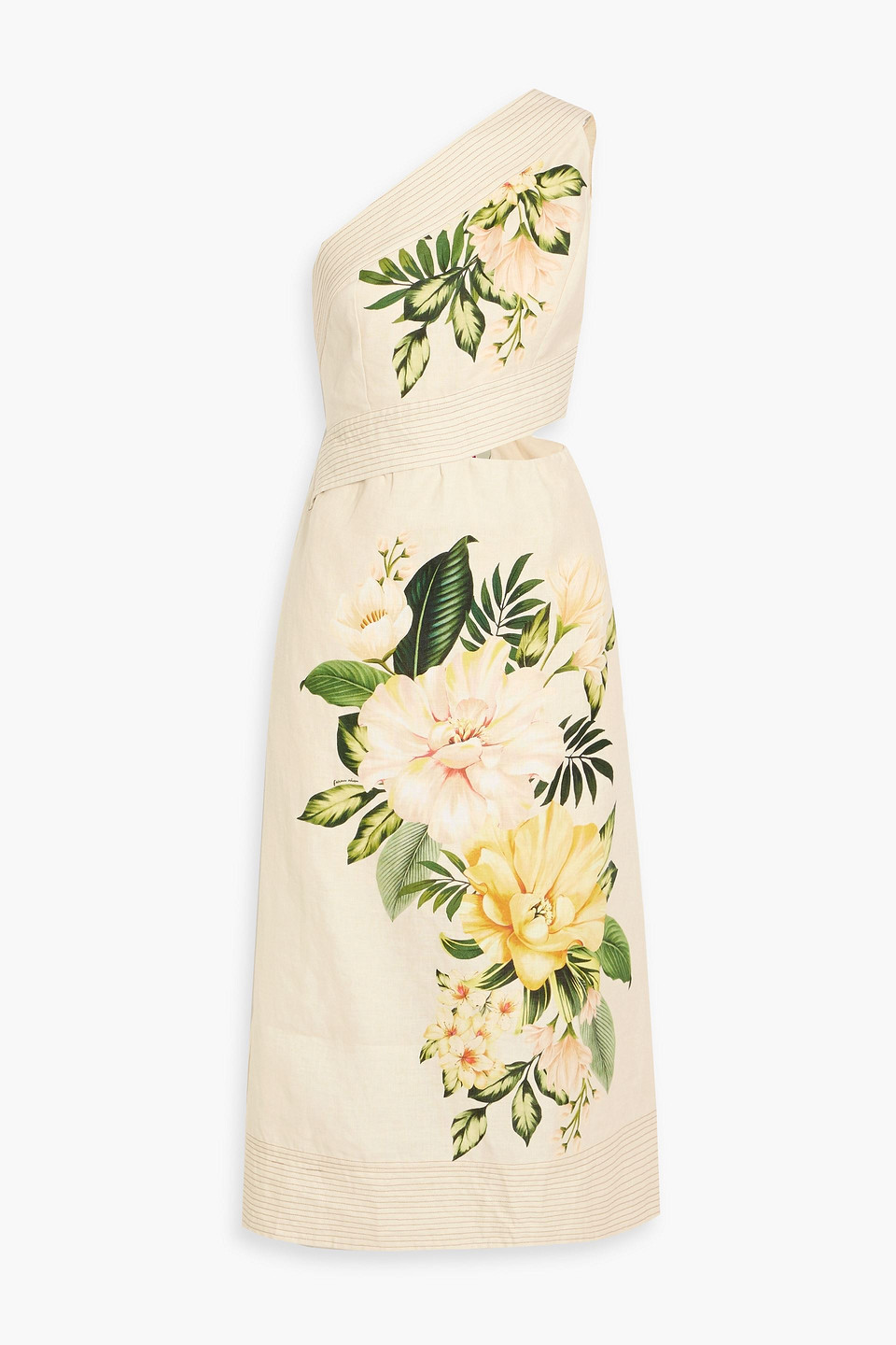 Farm Rio One-shoulder Cutout Floral-print Linen Midi Dress In Yellow