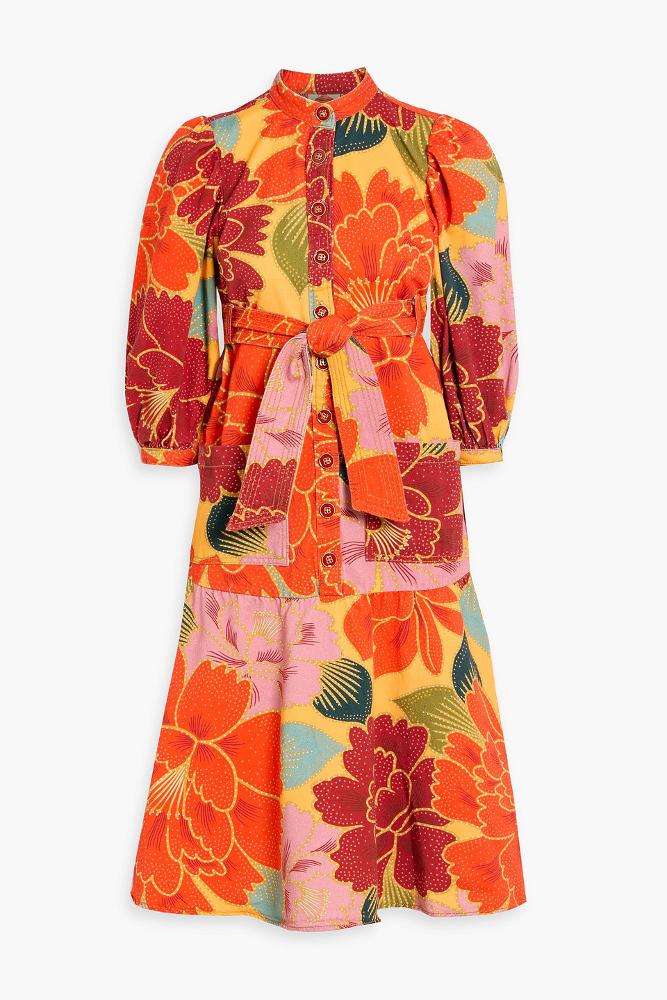 farm rio - belted tiered floral-print denim dress - orange - xs