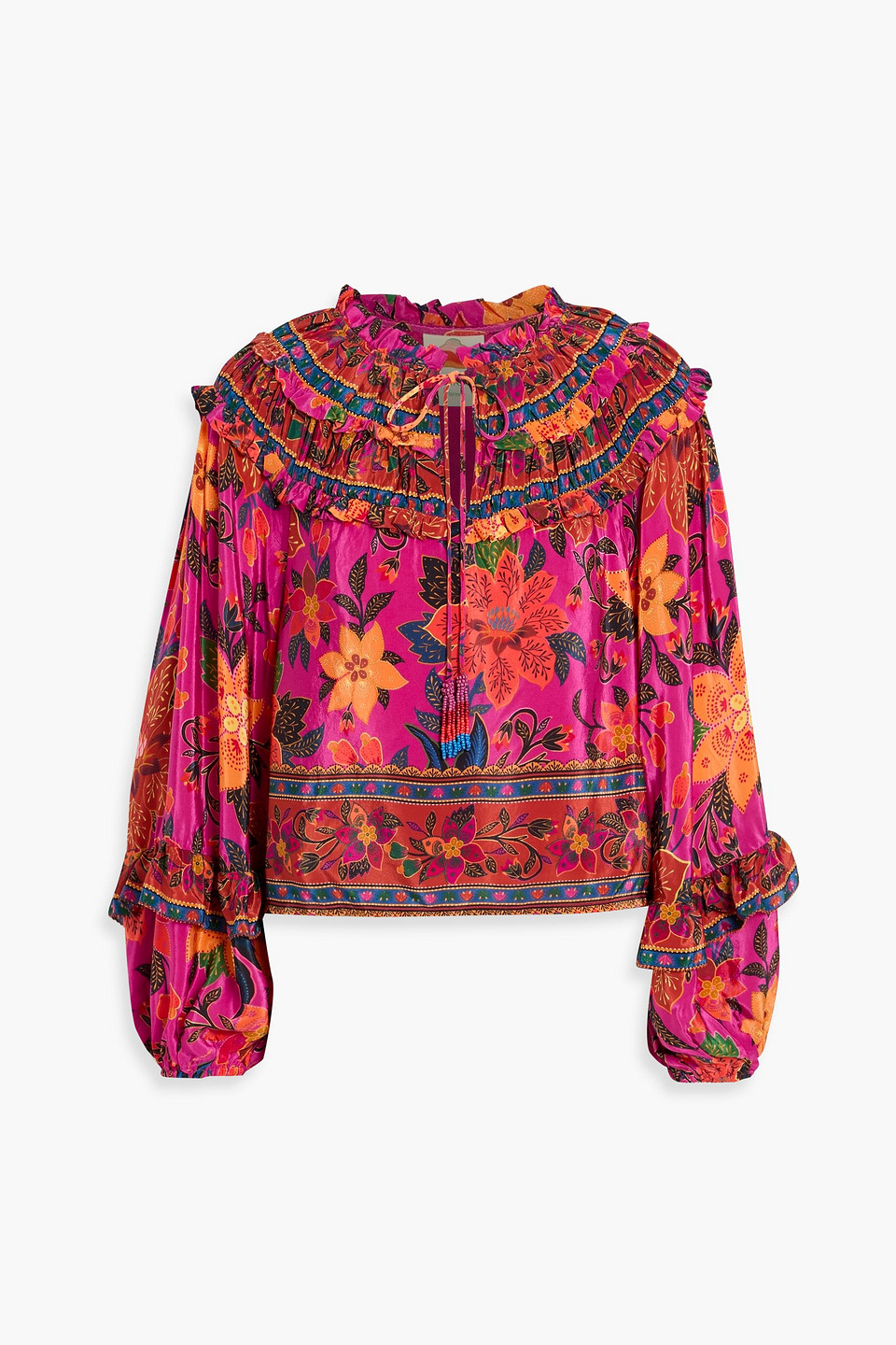 farm rio - ruffled floral-print crepe de chine blouse - purple - s