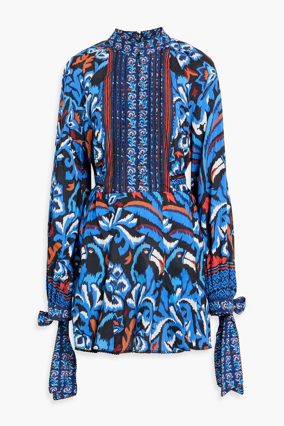 farm rio - pintucked printed cotton-blend voile mini dress - blue - xs
