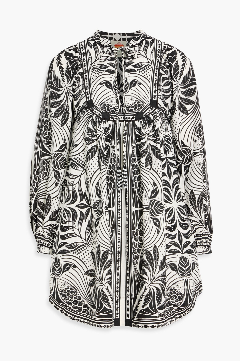 farm rio - printed linen-blend mini dress - black - xs