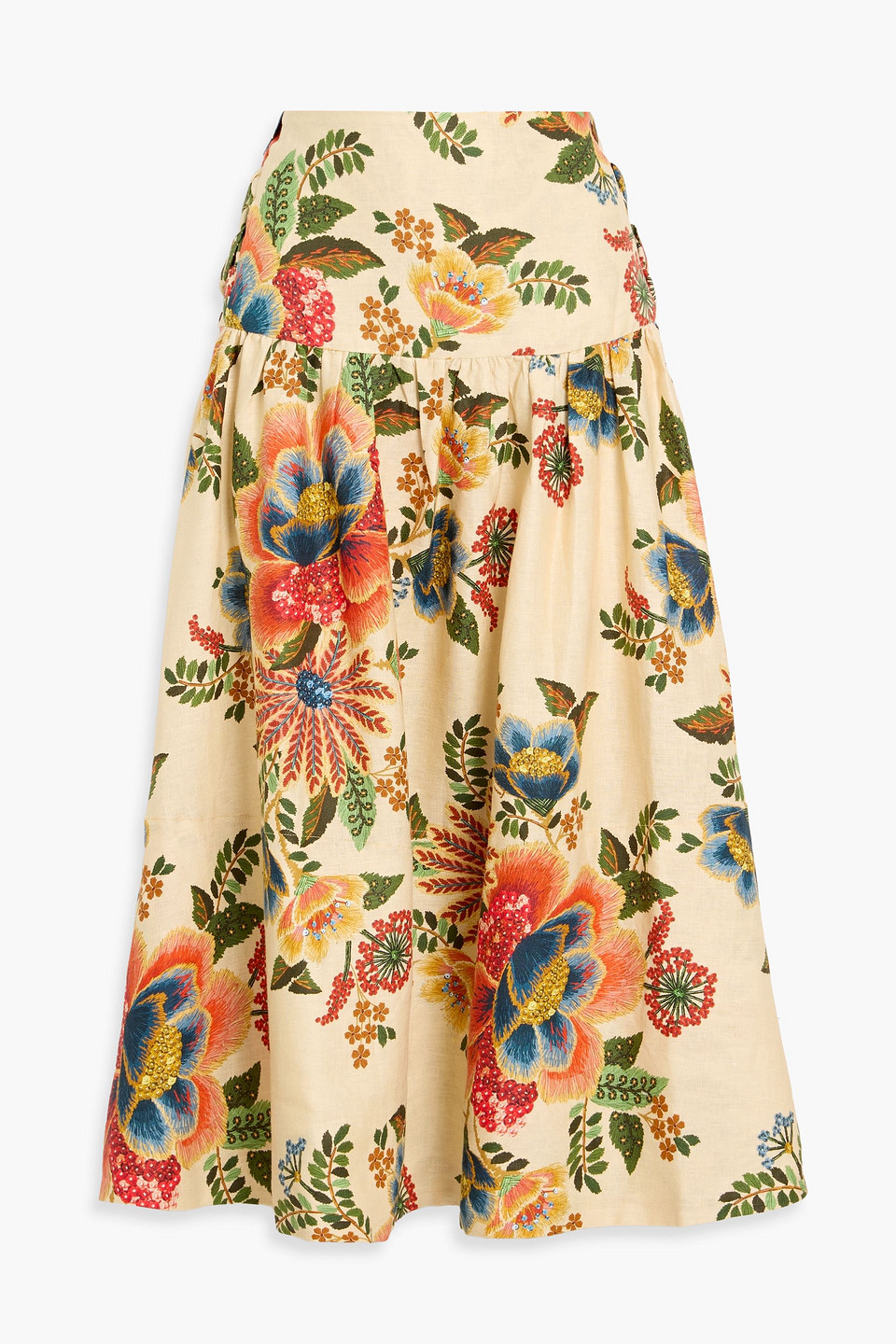 farm rio - floral-print linen midi skirt - yellow - xxs