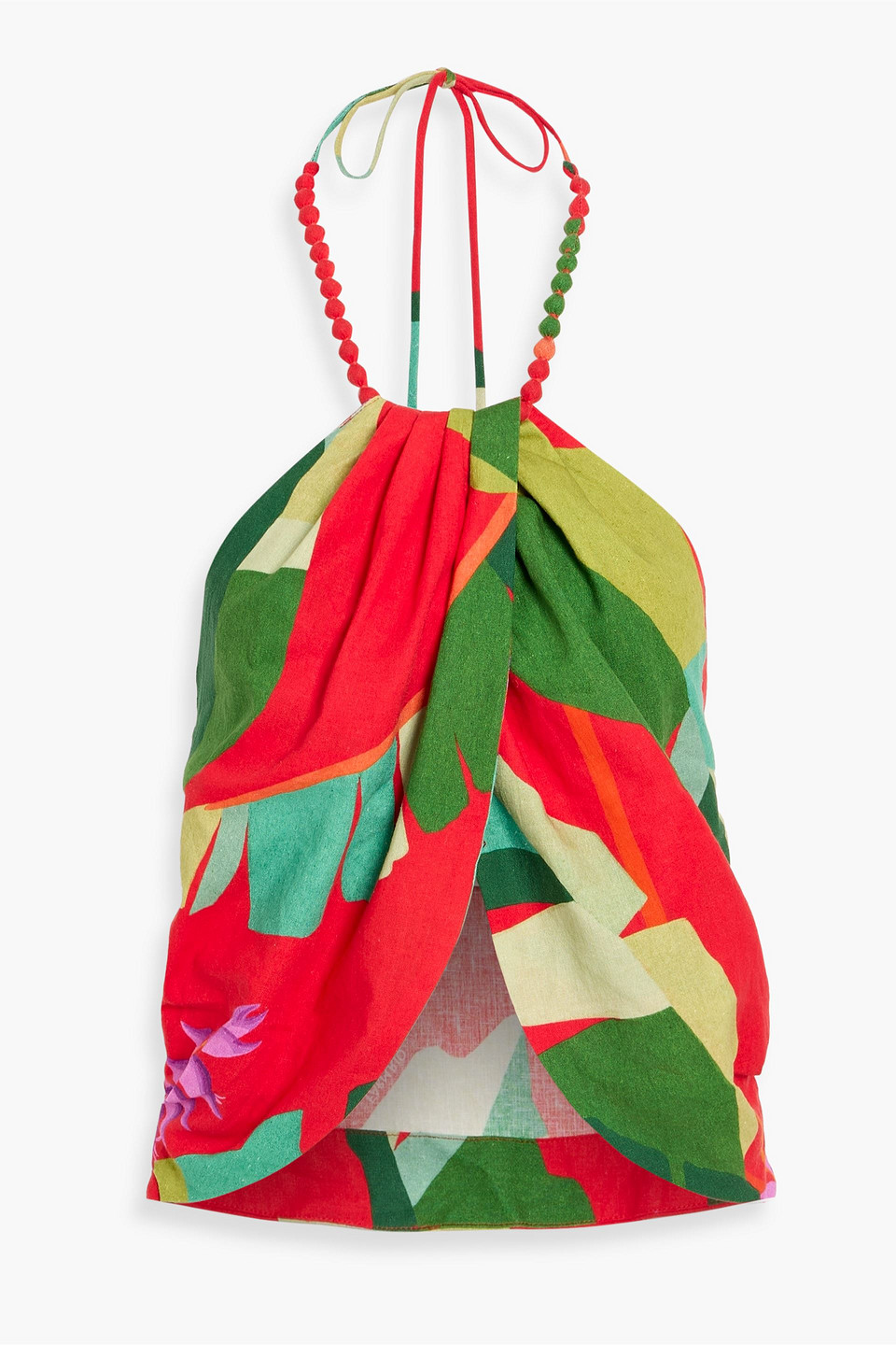 farm rio - printed linen-blend halterneck top - red - m