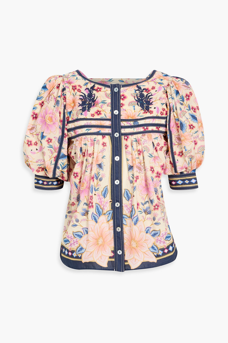 farm rio - embroidered floral-print cotton-voile blouse - white - xs