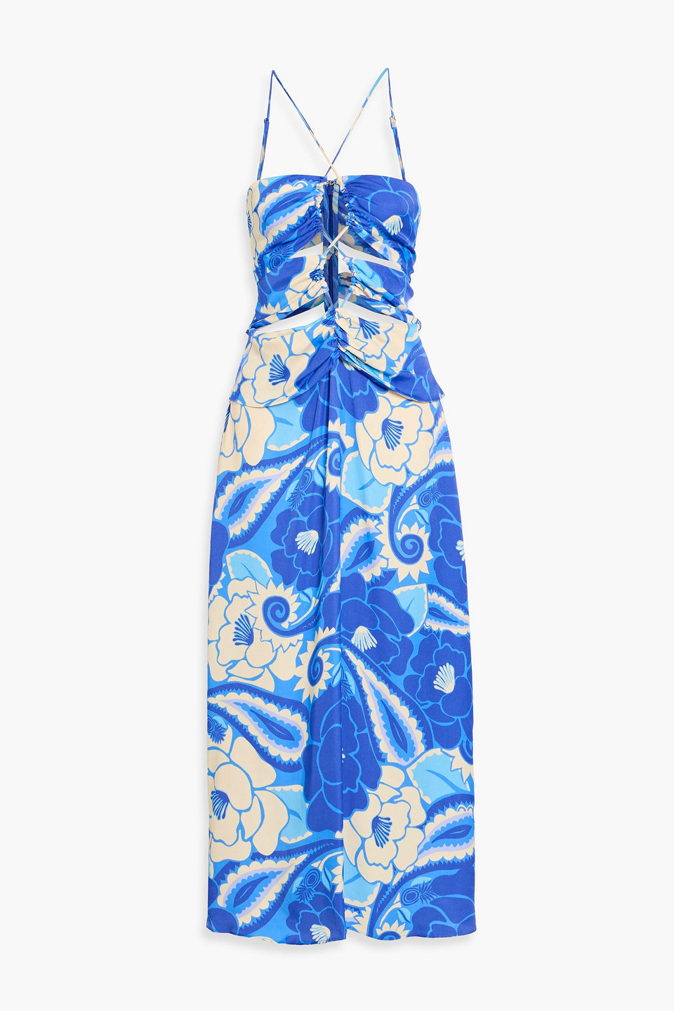 Farm Rio Cutout Printed Satin Halterneck Midi Dress In Blue