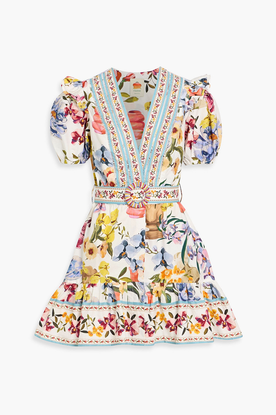 Farm Rio Belted Ruffled Floral-print Cotton-poplin Mini Dress In Blue
