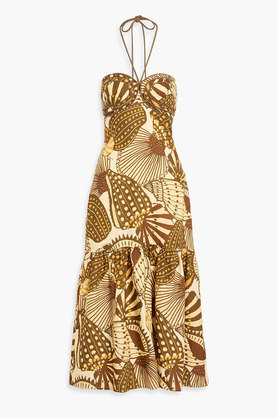 farm rio - printed linen halterneck midi dress - yellow - xs