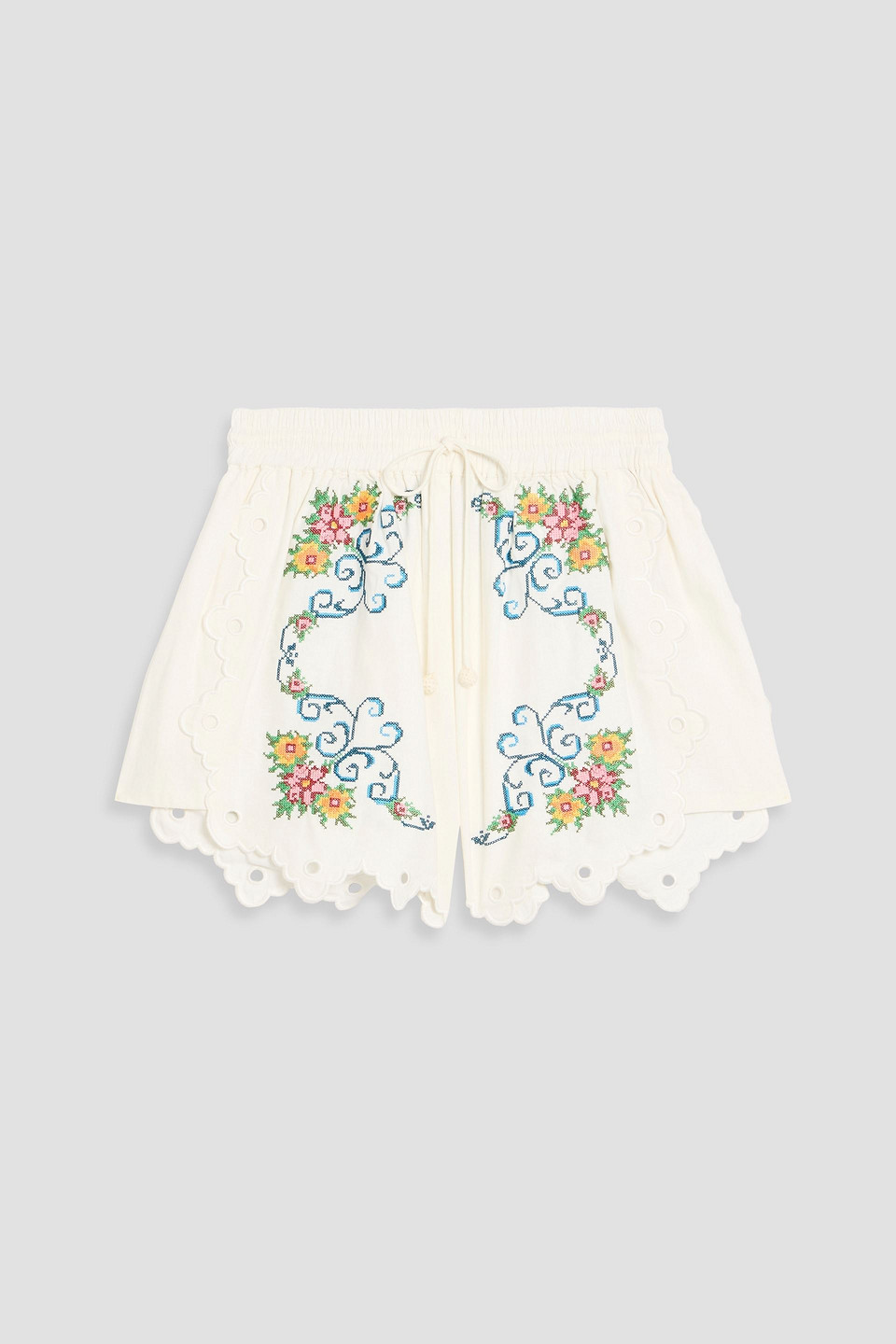 farm rio - scalloped embroidered linen-blend shorts - white - s