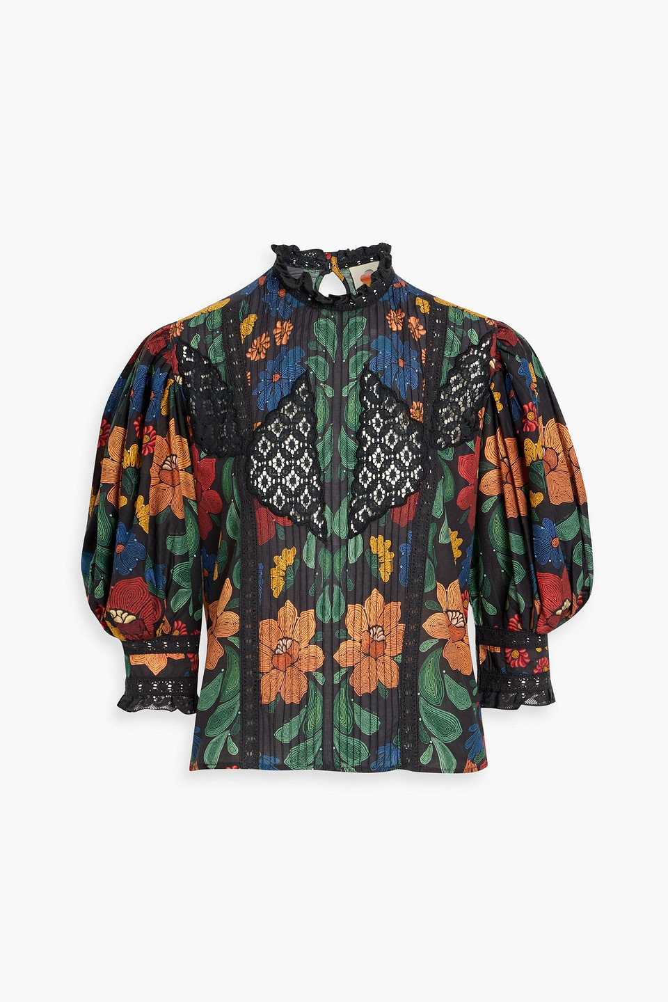farm rio - crochet-trimmed pintucked floral-print cotton-voile blouse - black - xs