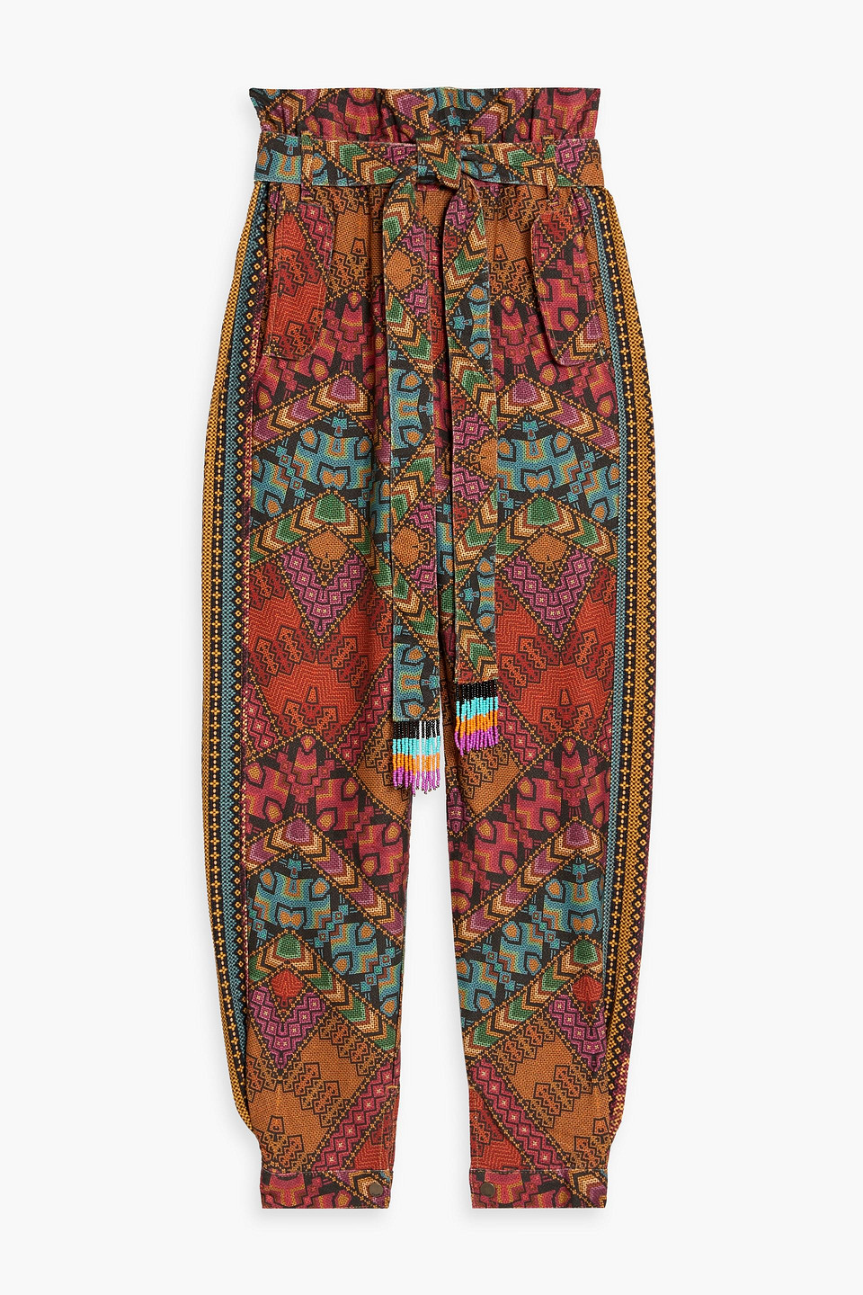 farm rio - belted printed cotton tapered pants - multicolor - xs