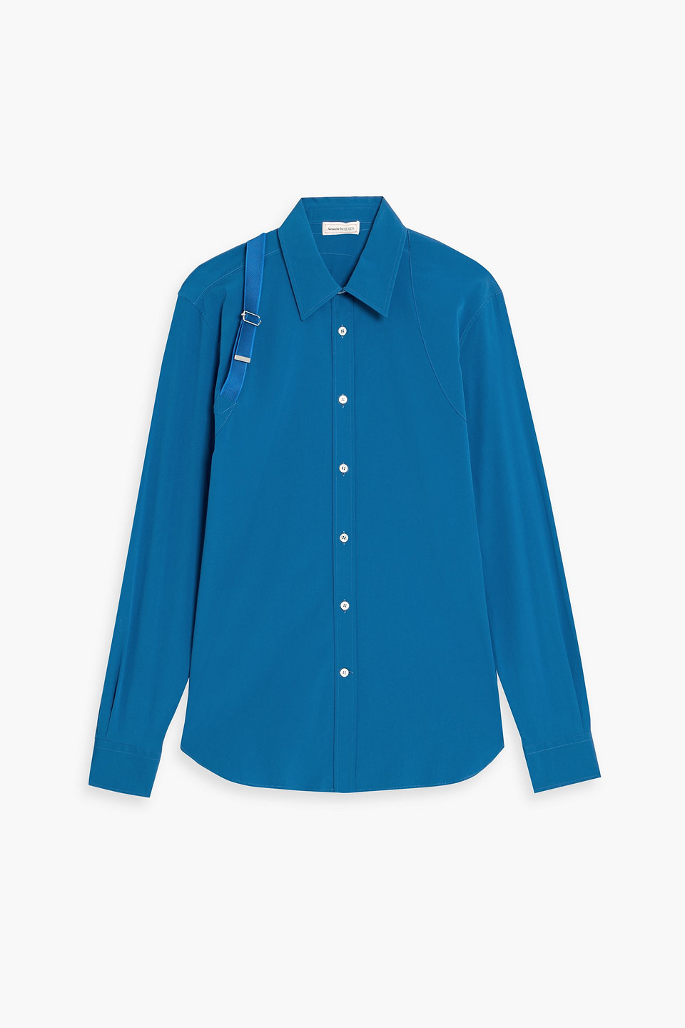 mcqueen - strap-detailed cotton-blend poplin shirt - blue - uk/us 15.75