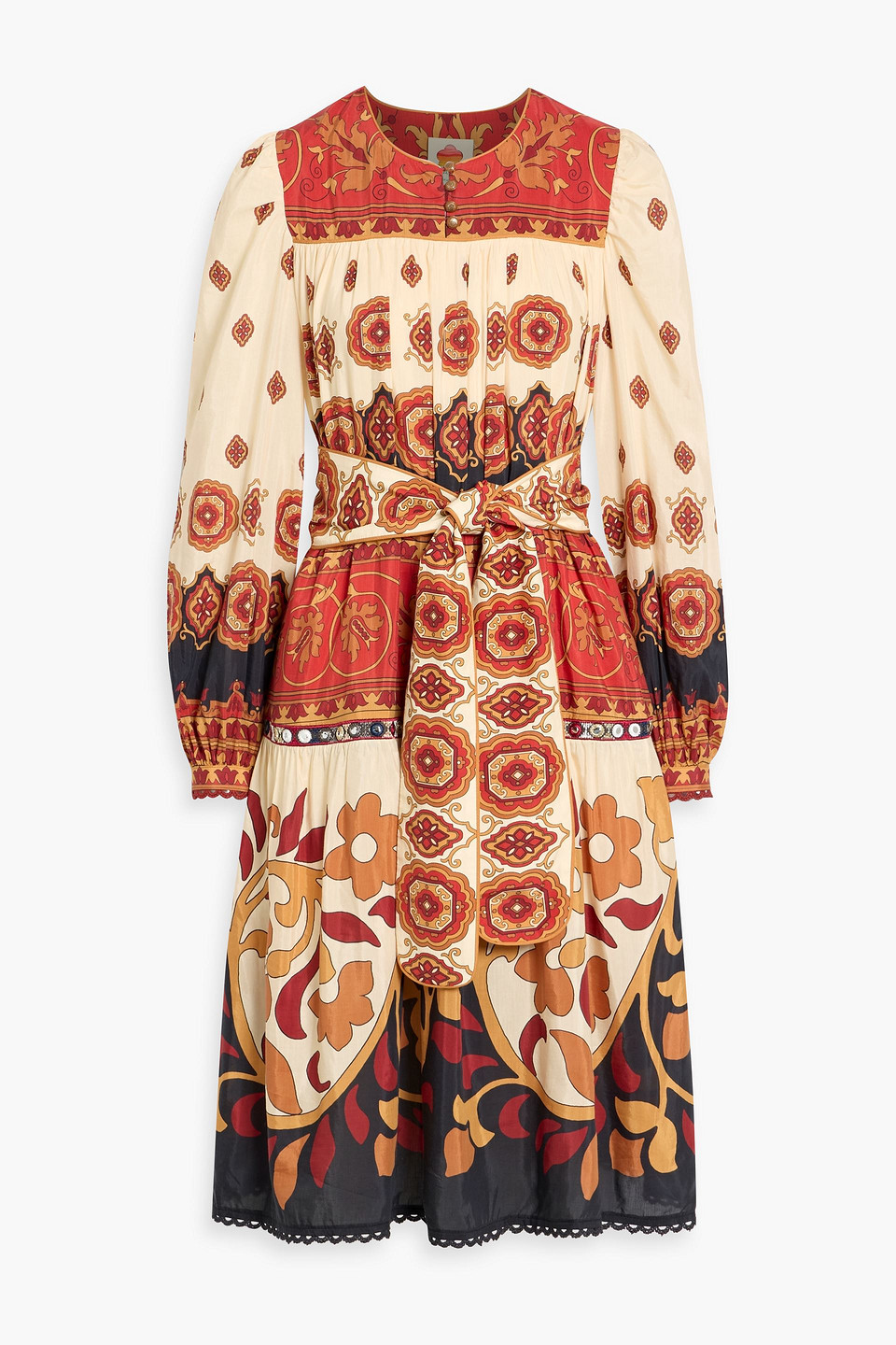 farm rio - belted paisley-print cotton-blend voile dress - white - xs
