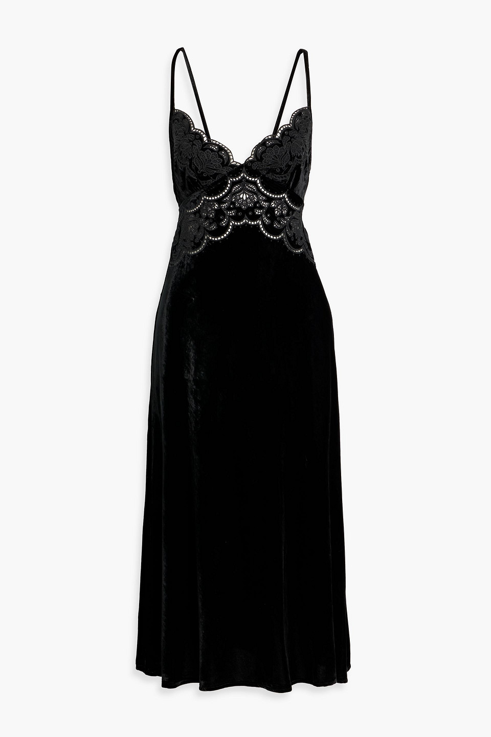 Farm Rio Broderie Anglaise-trimmed Velvet Midi Dress In Black