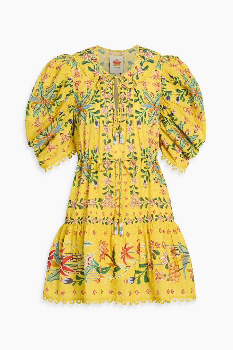 farm rio - floral-print swiss-dot cotton-voile mini dress - yellow - s