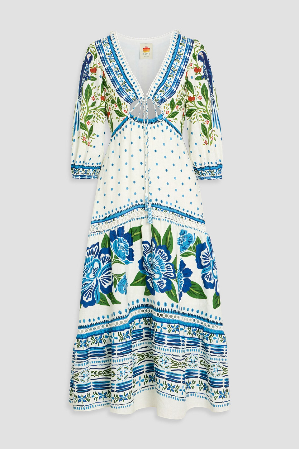 farm rio - crochet-trimmed floral-print linen-blend midi dress - white - xxs