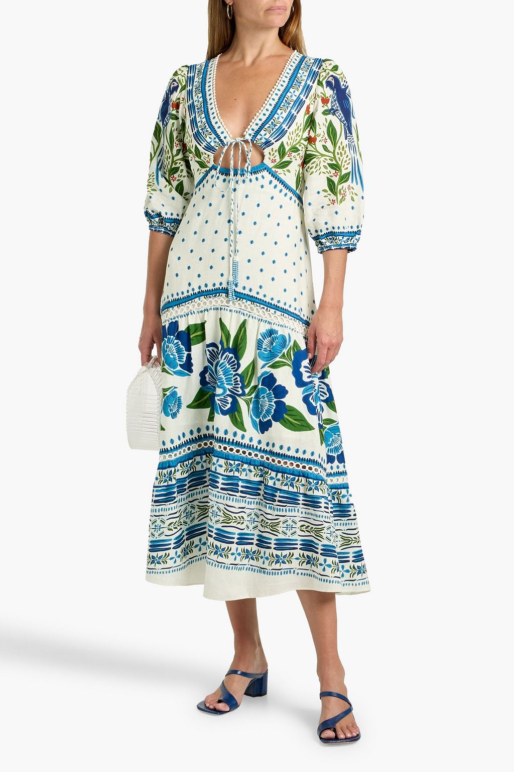 Crochet-trimmed floral-print linen-blend midi dress - ivory - One Size