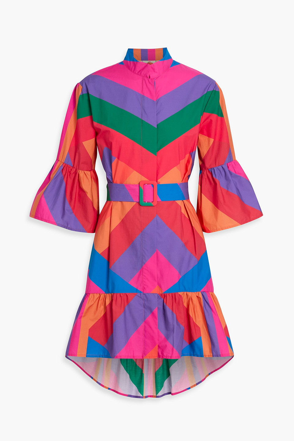 farm rio - belted striped cotton-poplin mini dress - multicolor - m