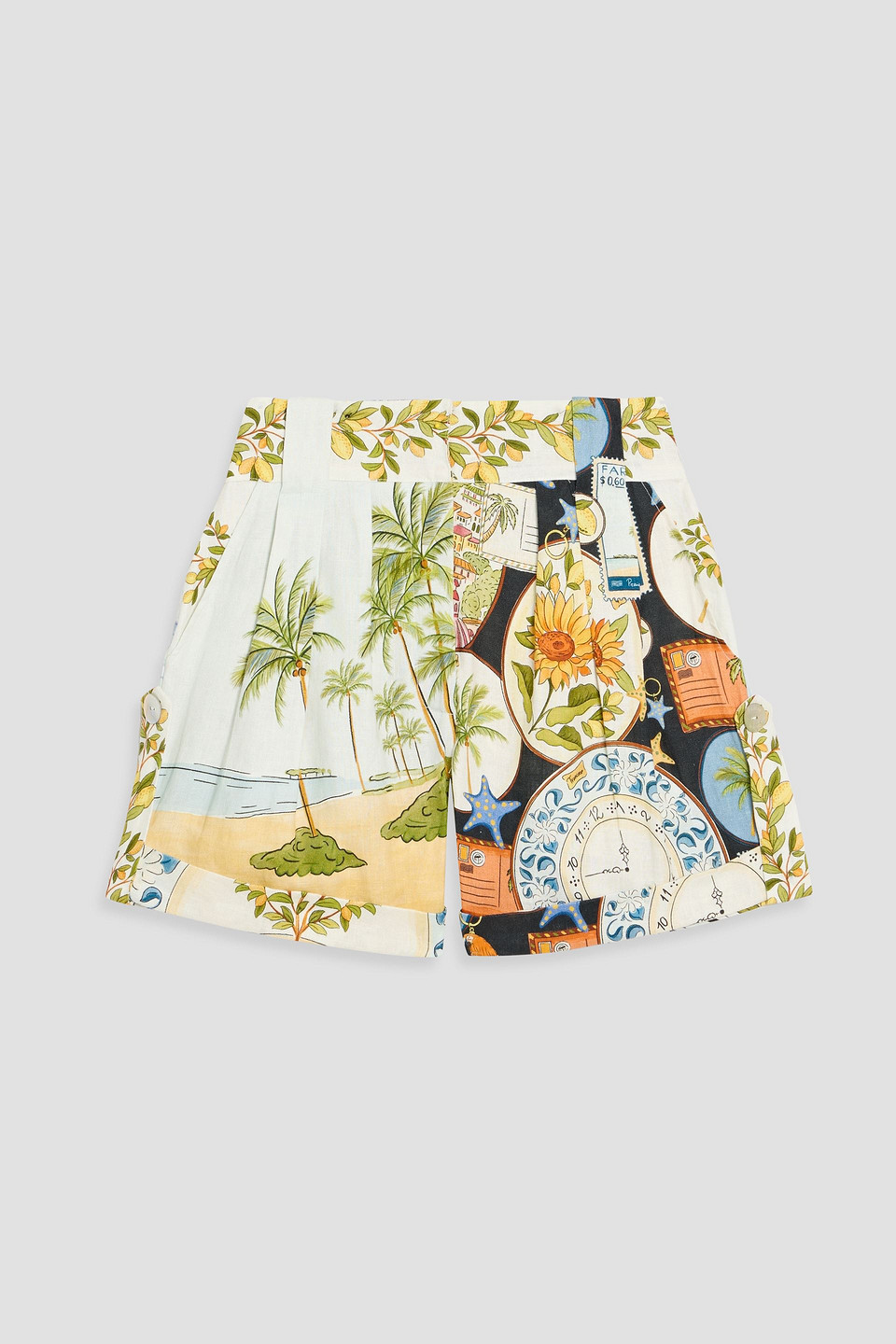 farm rio - pleated printed linen shorts - white - xs