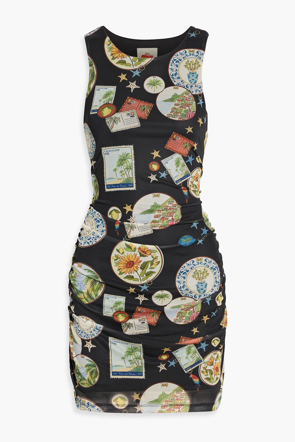farm rio - ruched printed stretch-mesh mini dress - black - xxs