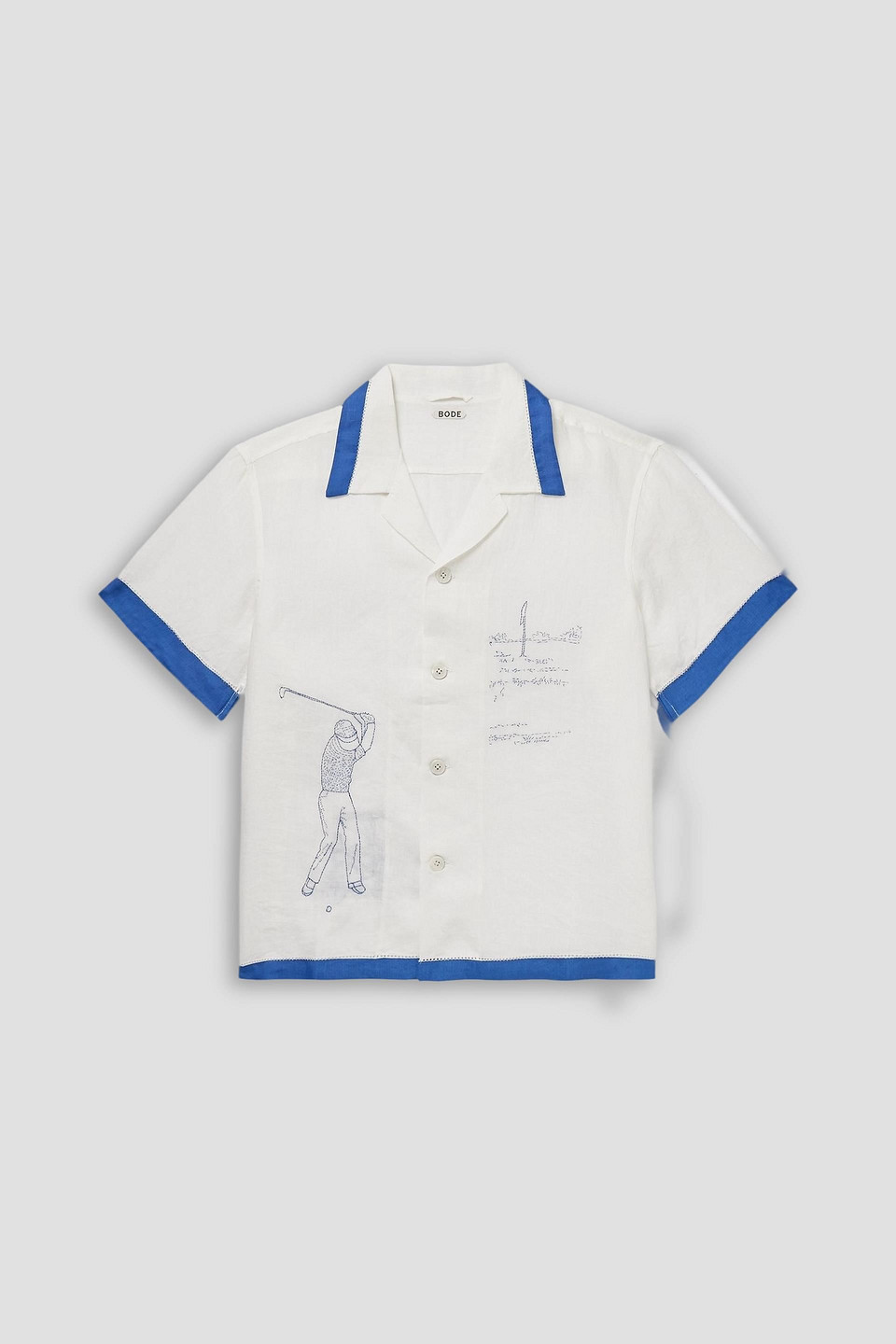 bode - club champion camp-collar embroidered linen shirt - white - xxl
