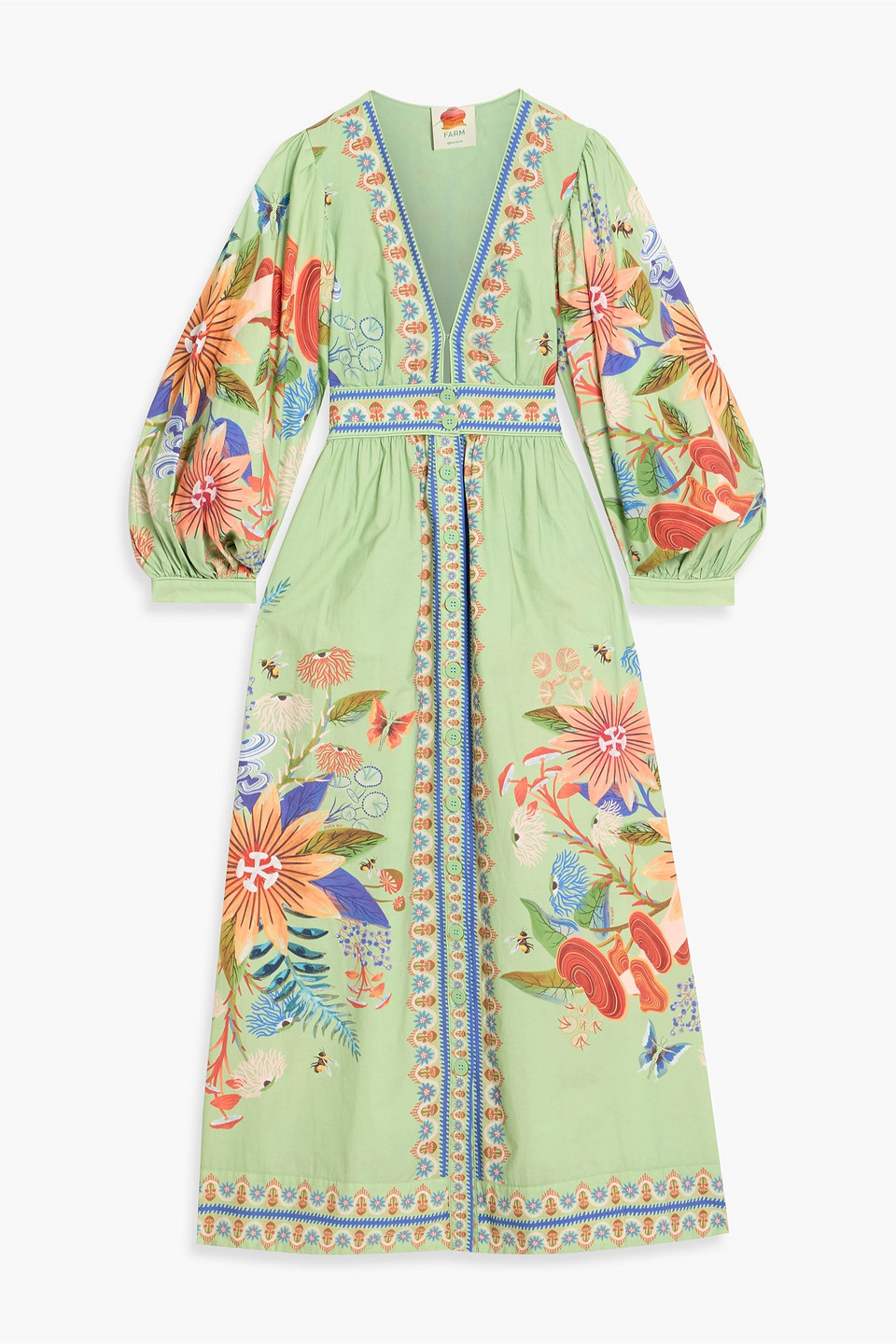 farm rio - floral-print cotton-poplin maxi dress - green - xxs