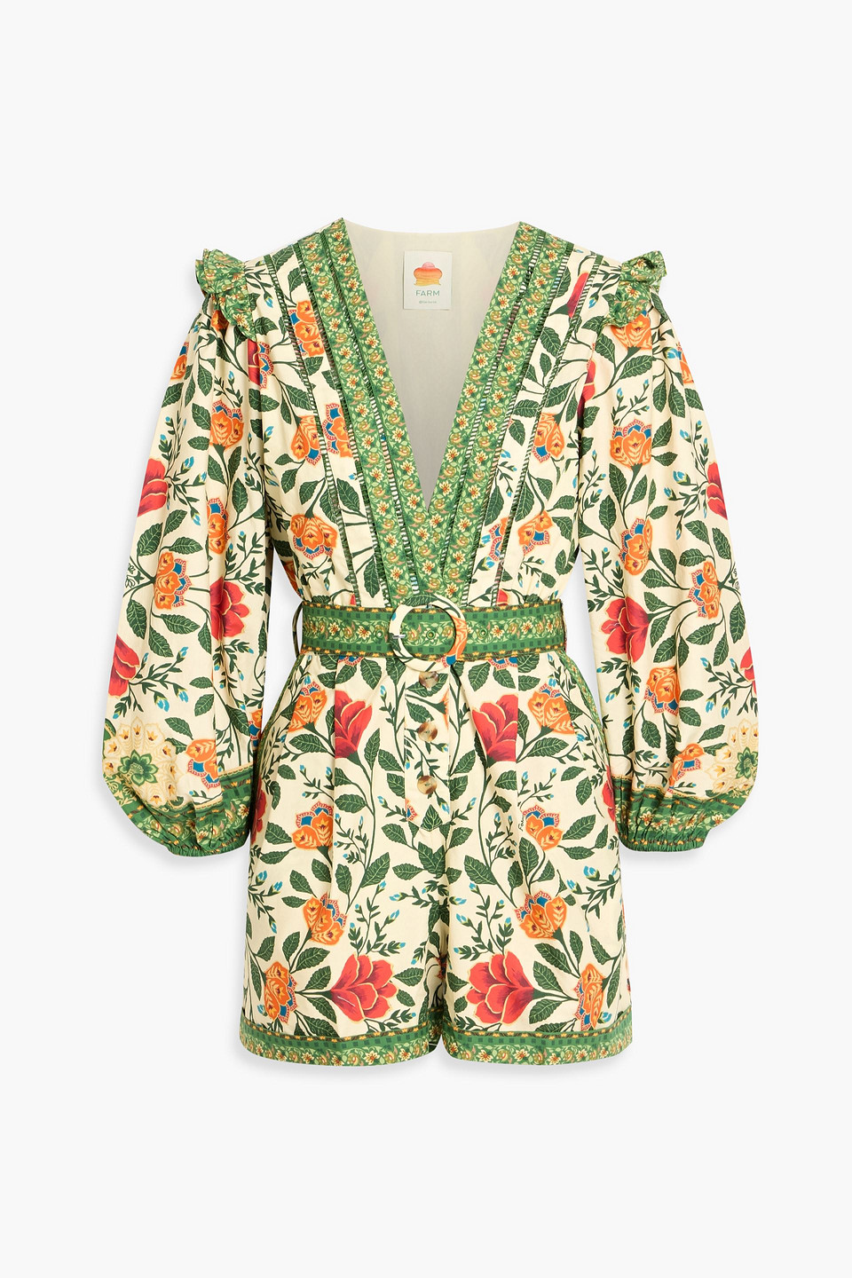 farm rio - belted pleated floral-print cotton-poplin playsuit - green - m
