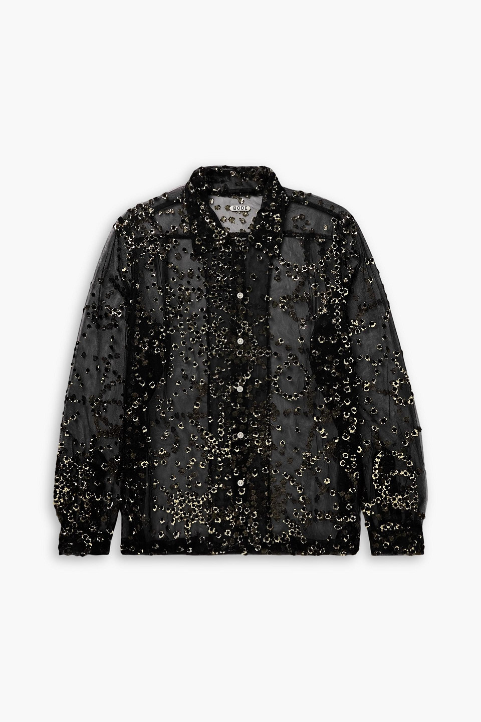 bode - metallic appliquéd tulle shirt - black - m