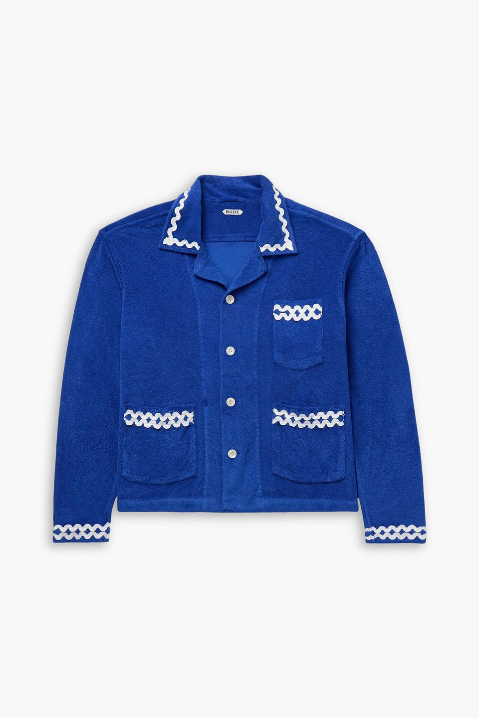 bode - camp-collar grosgrain-trimmed cotton-terry overshirt - blue - l