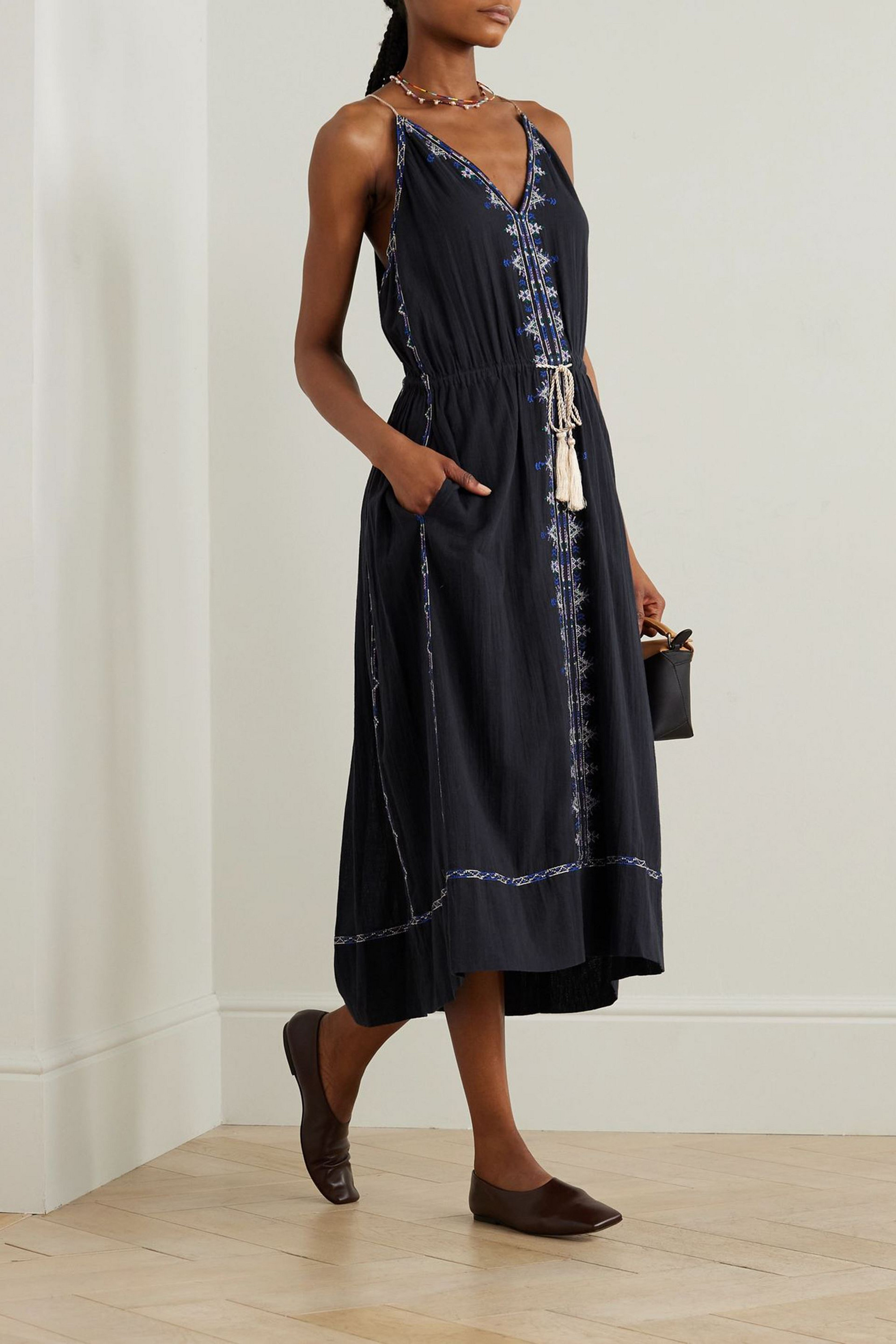 embroidered gauze midi dress Blue Gauze Daisy Embroidered Landis Midi Dress