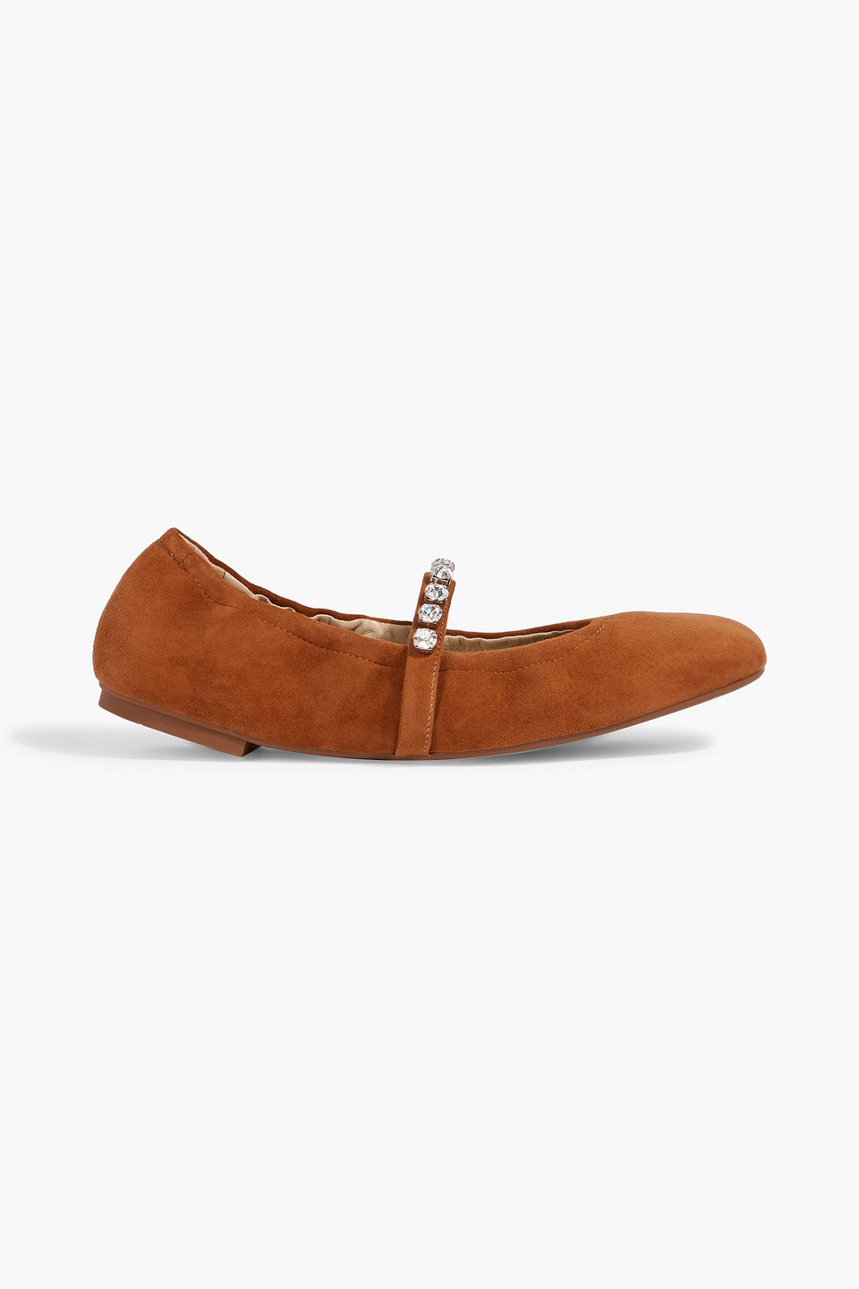 stuart weitzman - goldie crystal-embellished suede mary jane flats - brown - us 4.5