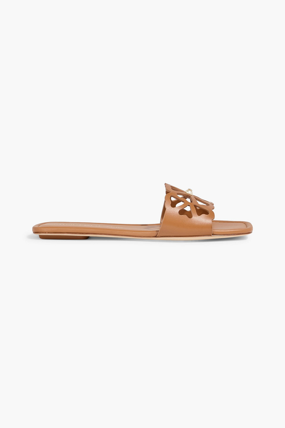 Stuart Weitzman Jasmine Embellished Laser-cut Leather Slides In Brown