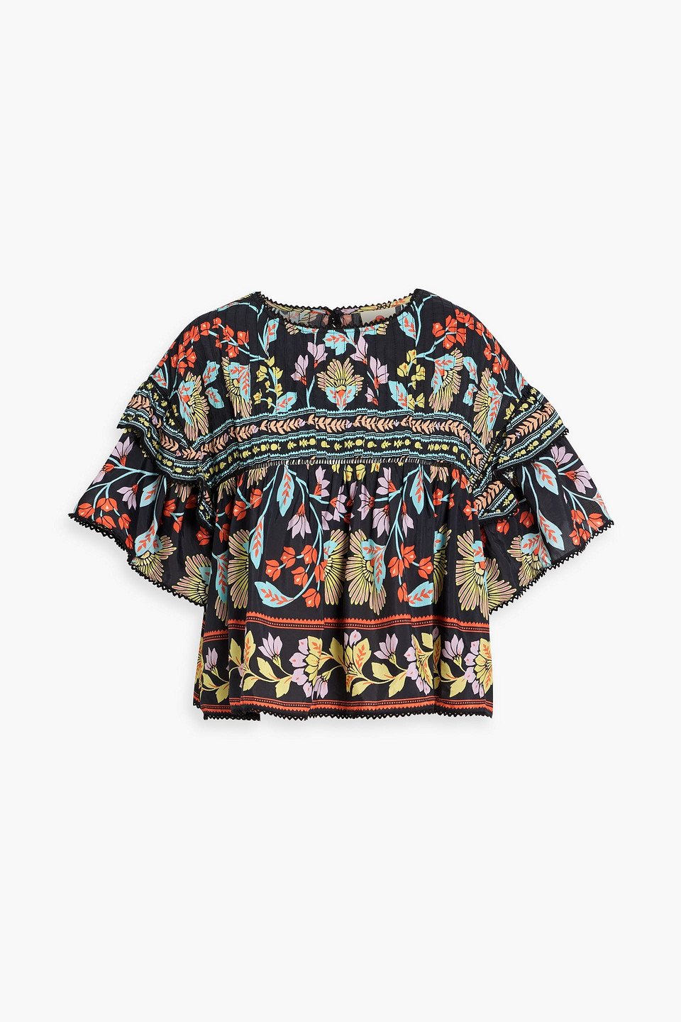 Farm Rio Pintucked Floral-print Cotton-blend Voile Blouse In Black