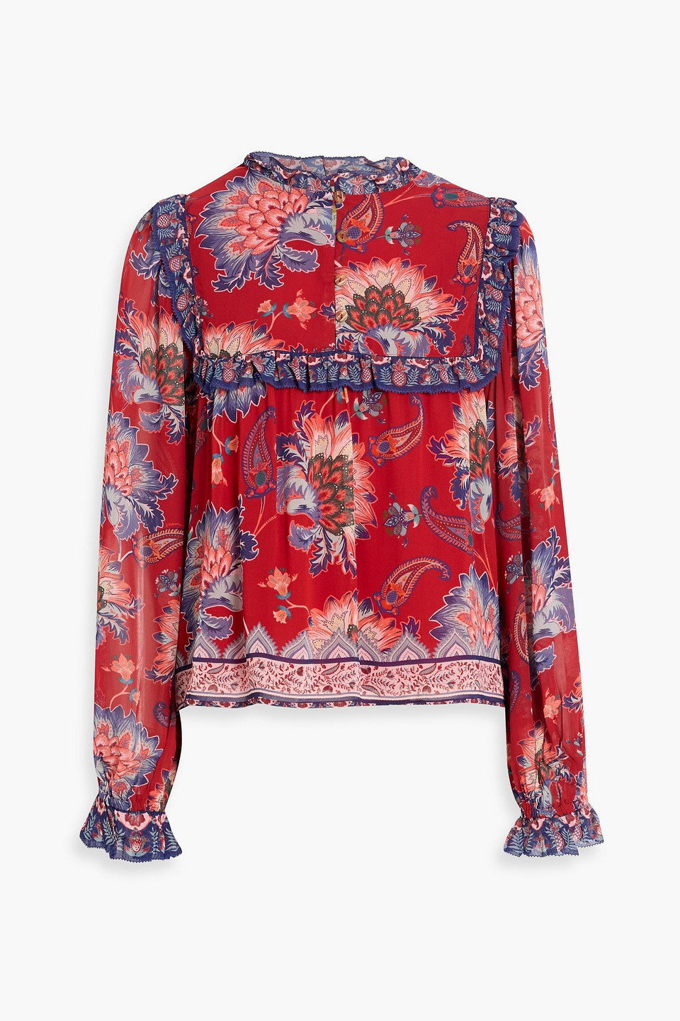 farm rio - ruffled printed crepe blouse - burgundy - s