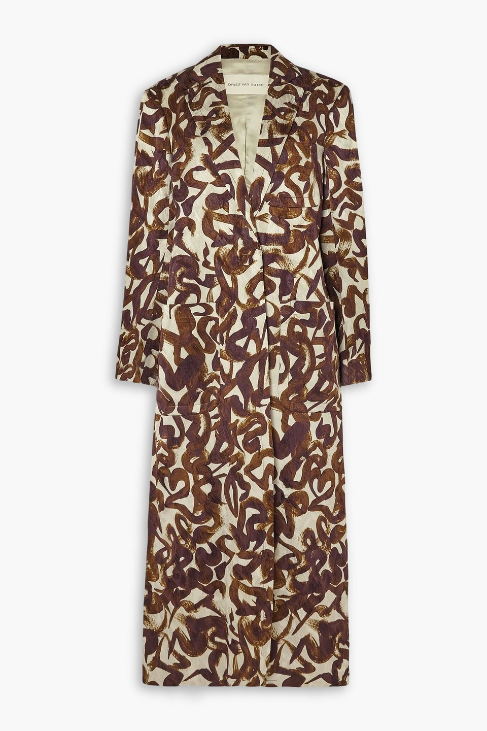 dries van noten - printed satin-jacquard coat - brown - s