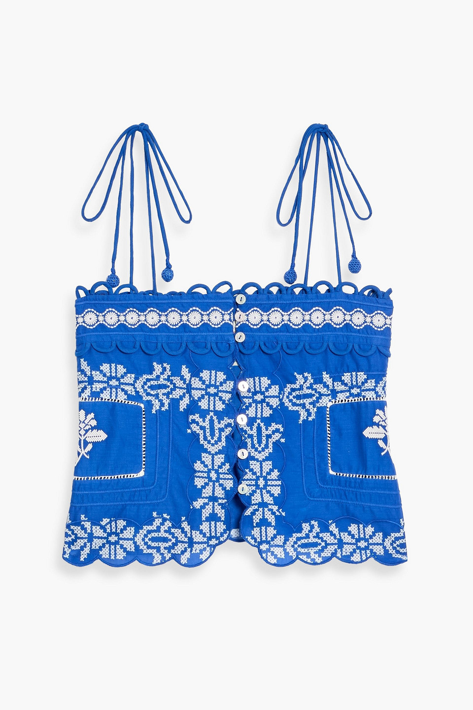 farm rio - scalloped printed embroidered cotton top - blue - xxs