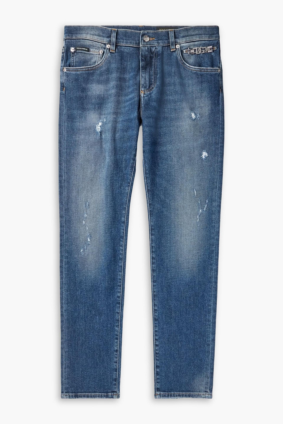 dolce&gabbana - slim-fit straight-leg embellished distressed jeans - blue - it 46