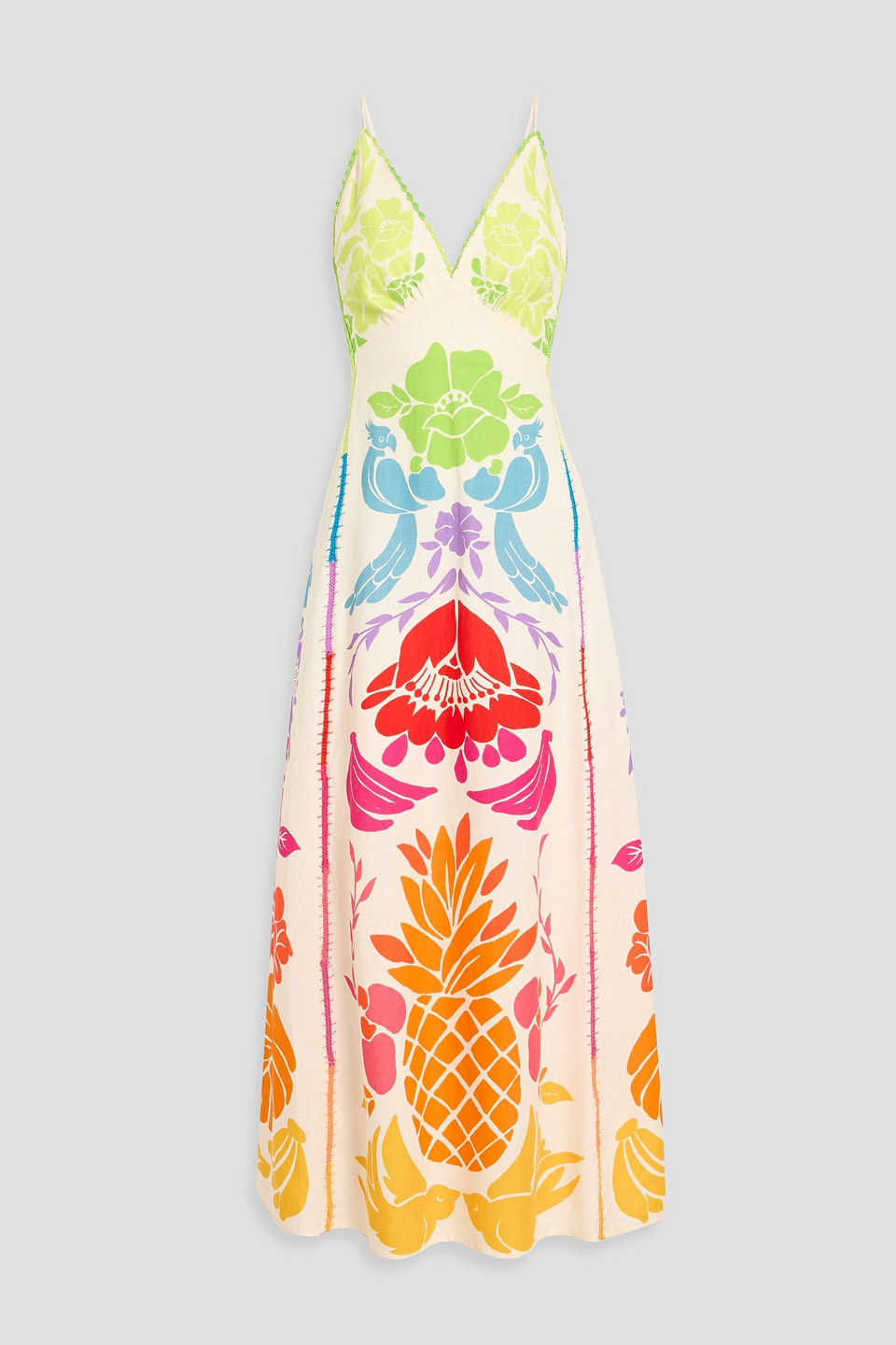 farm rio - embroidered printed linen-blend maxi dress - white - xs