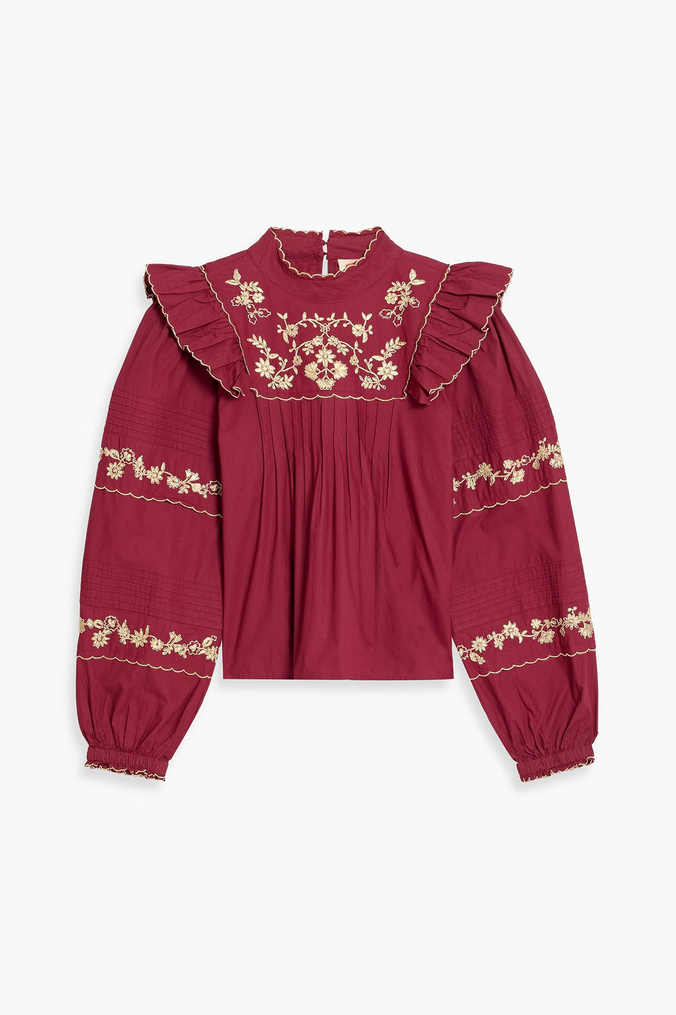 farm rio - metallic embroidered cotton-poplin blouse - burgundy - xxs