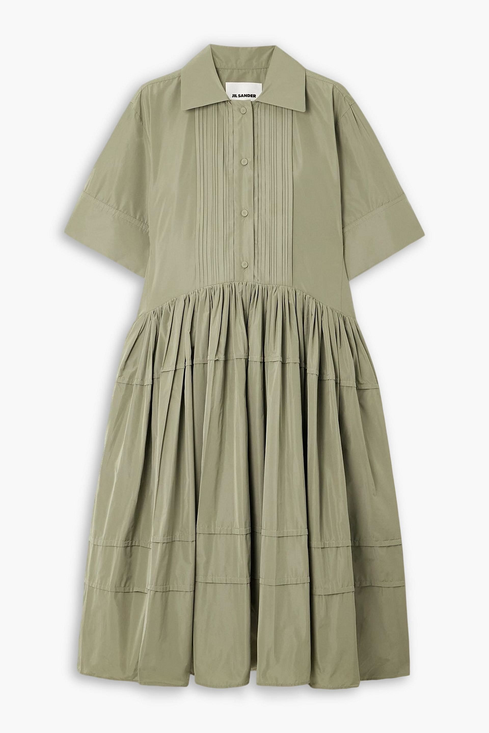 jil sander - pleated sateen midi shirt dress - green - fr 38