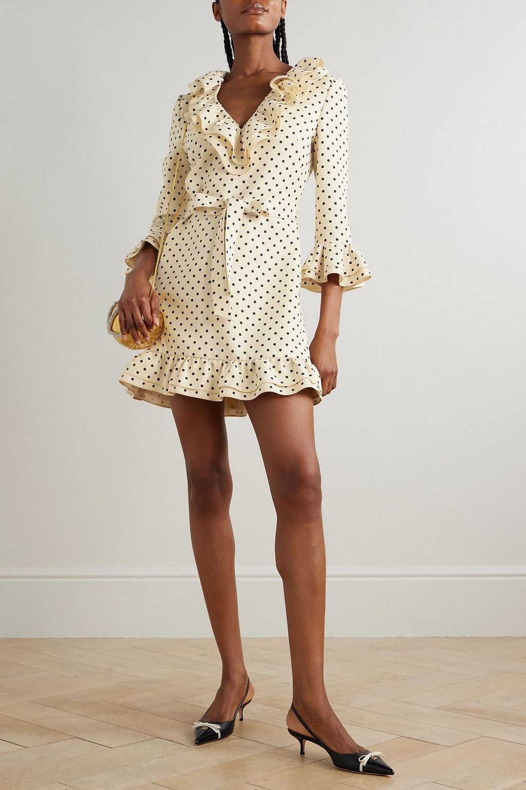 Belted ruffled polka-dot wool and silk-blend mini dress - cream - IT 36 Belted ruffled polka-dot wool and silk-blend mini dress - cream - IT 36