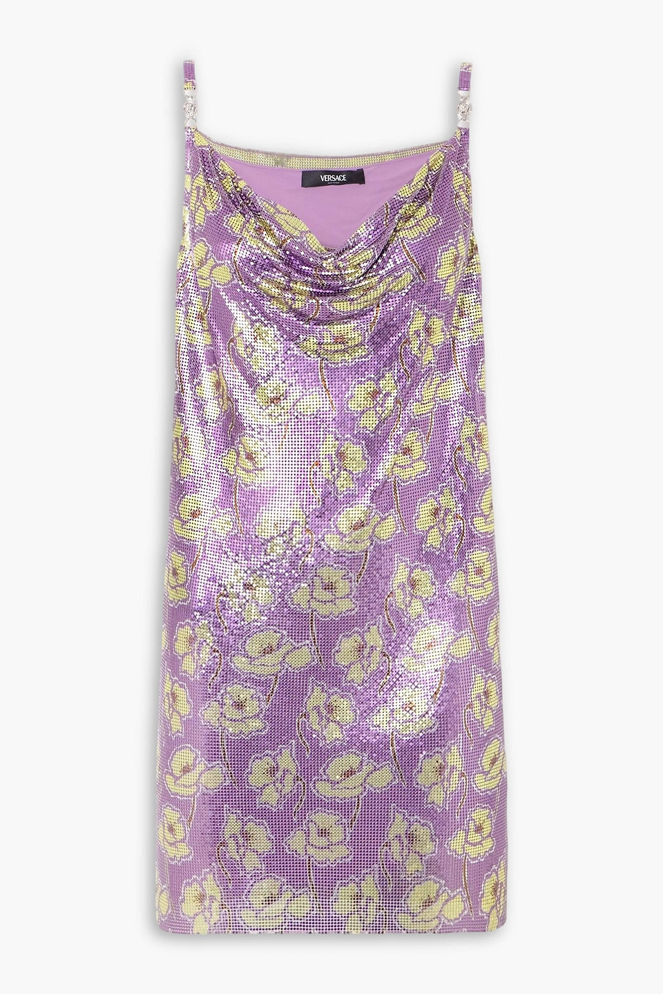 versace - embellished floral-print chainmail mini dress - purple - it 36