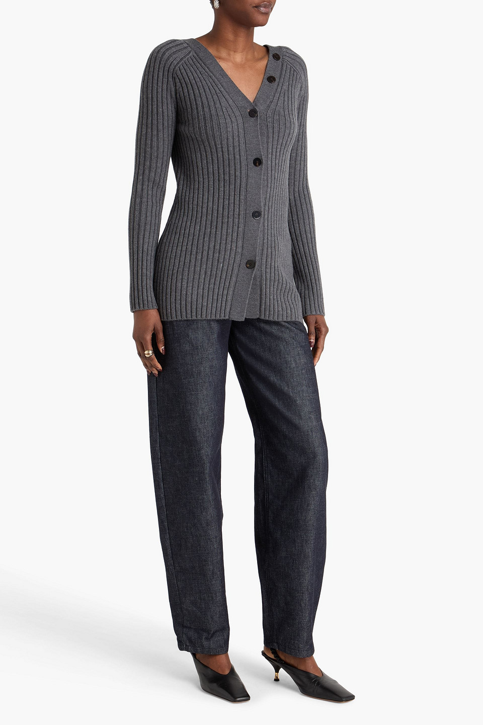  Theory - Ribbed Wool Cardigan - Gray - Xs 