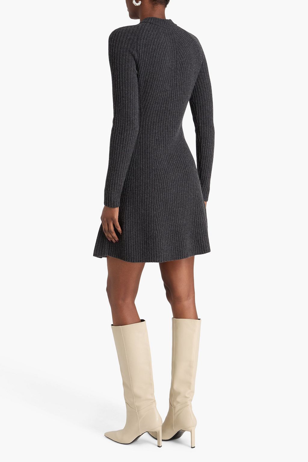 theory ribbed sweater dress Theory Black Rib Knit Flounce Long Sleeve Wool Blend Sweater Dress Size L