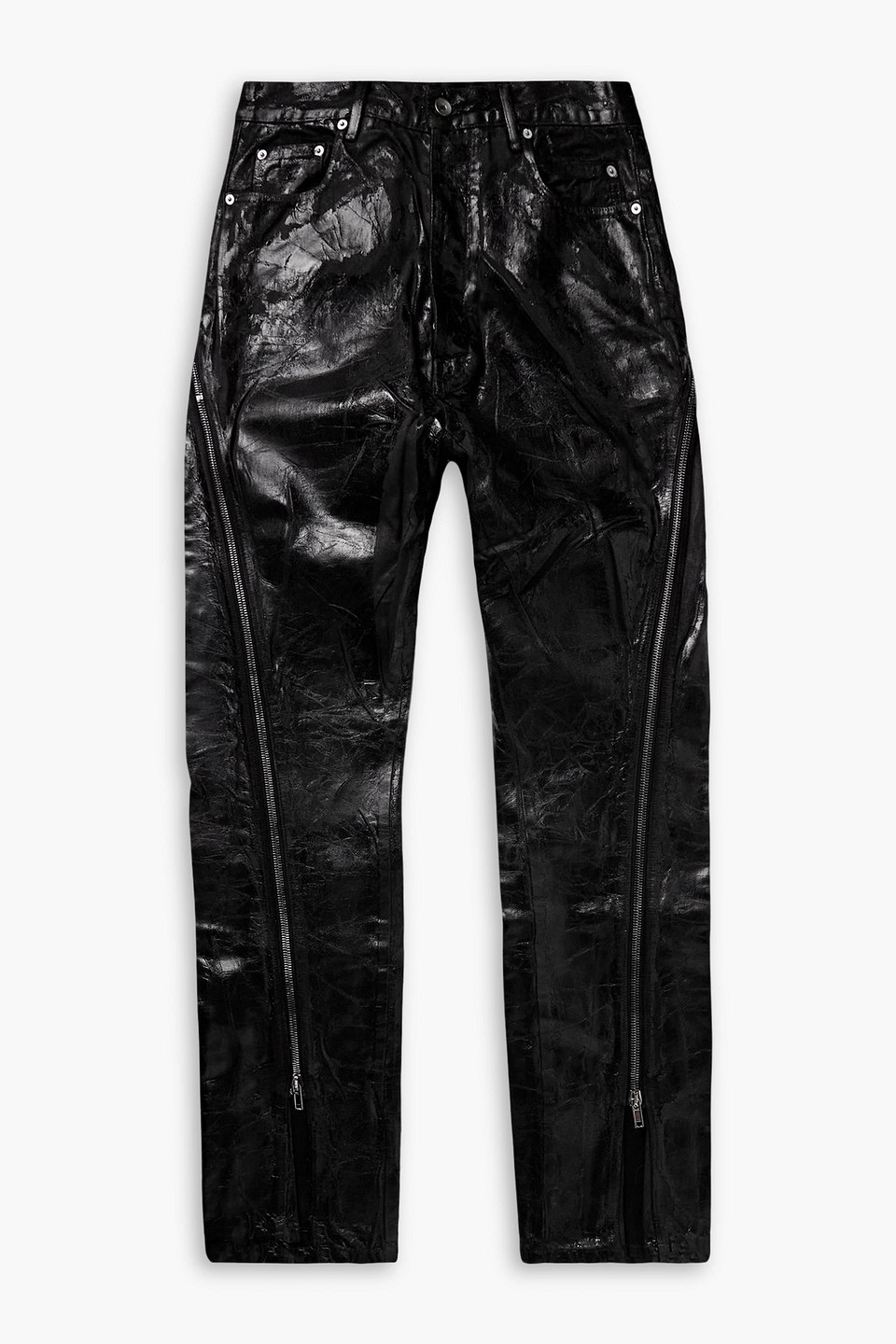 rick owens - bolan banana slim-fit flared zip-embellished distressed coated jeans - black - 32