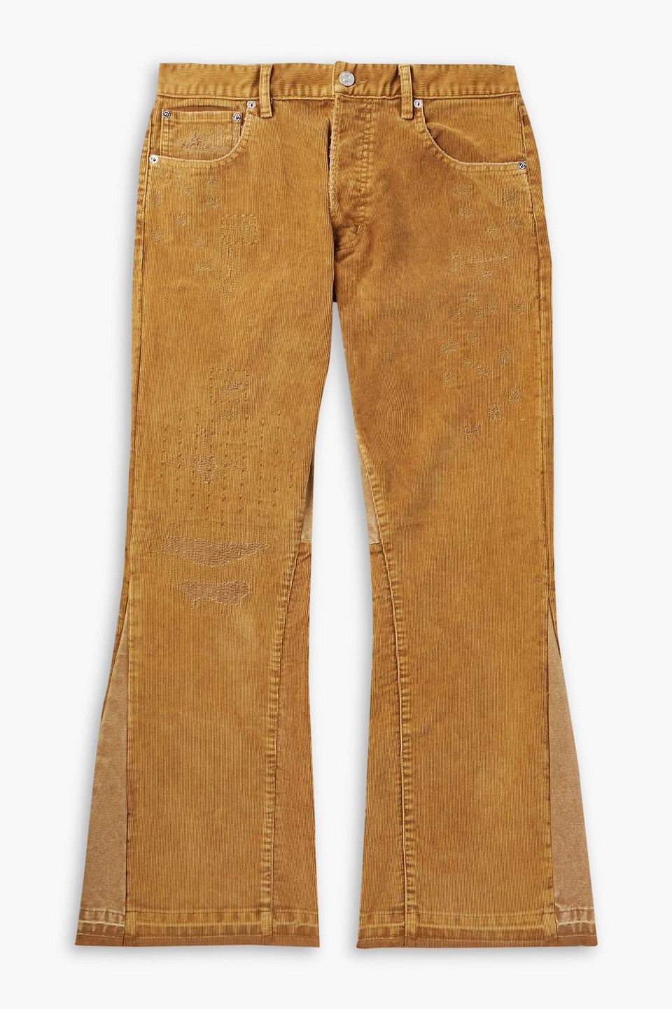 Gallery Dept. Flared Distressed Cotton-corduroy And Canvas Pants In Brown
