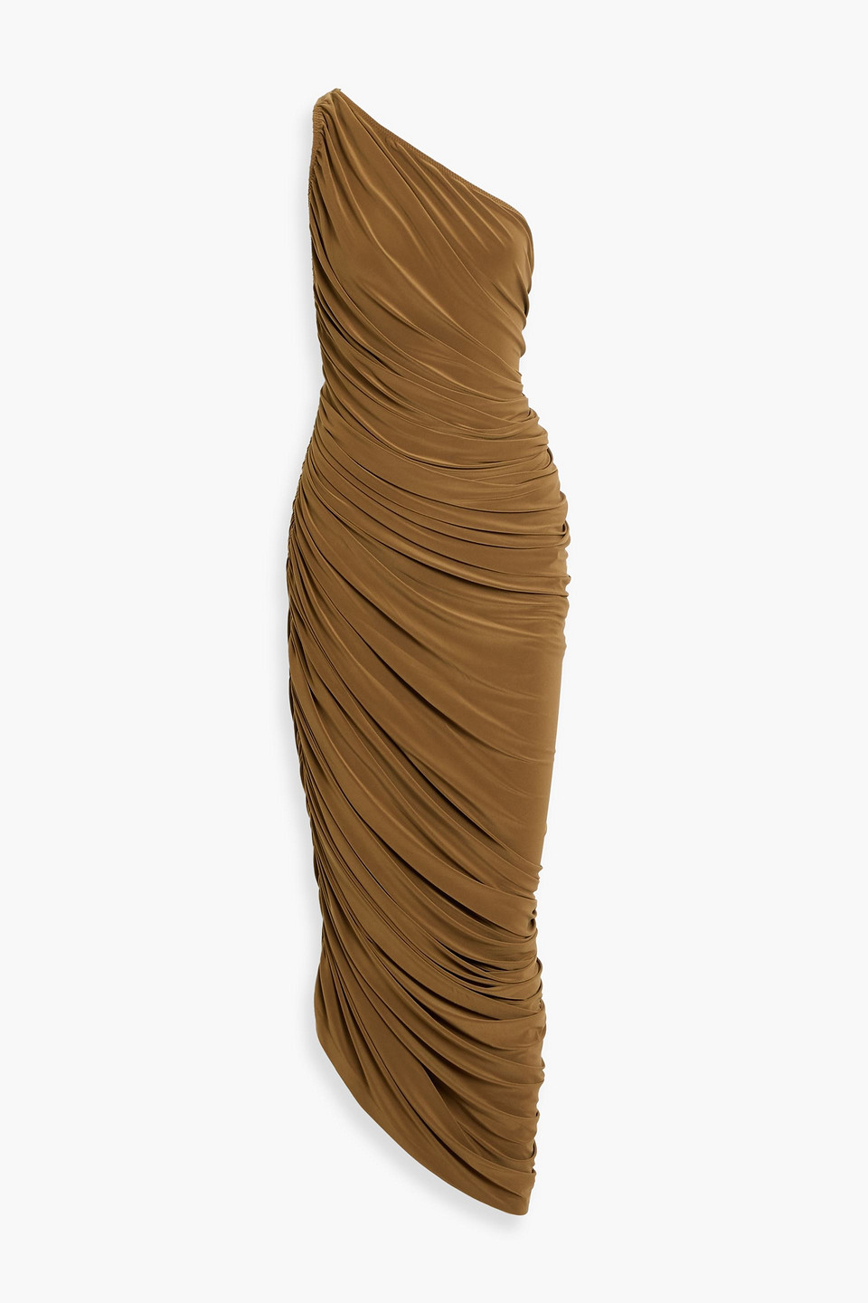 Norma Kamali Diana One-shoulder Ruched Stretch-jersey Gown In Brown