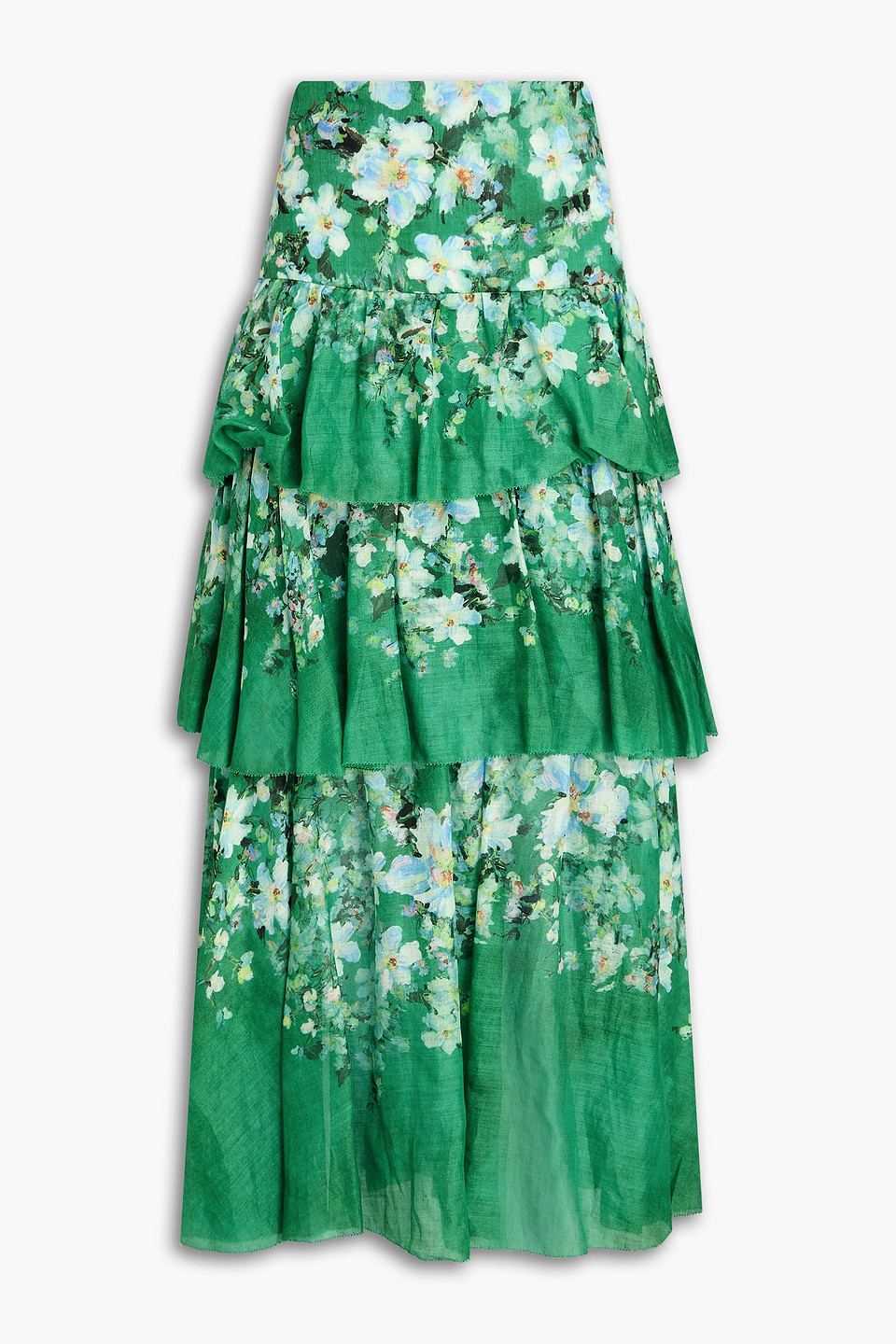 zimmermann - tiered floral-print ramie midi skirt - green - 00