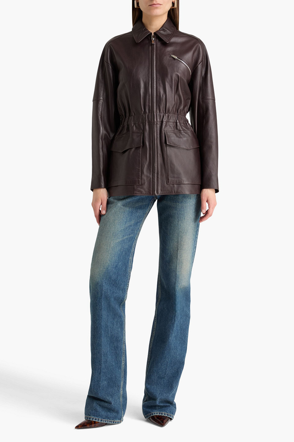  Theory - Gathered Leather Jacket - Brown - Xs 
