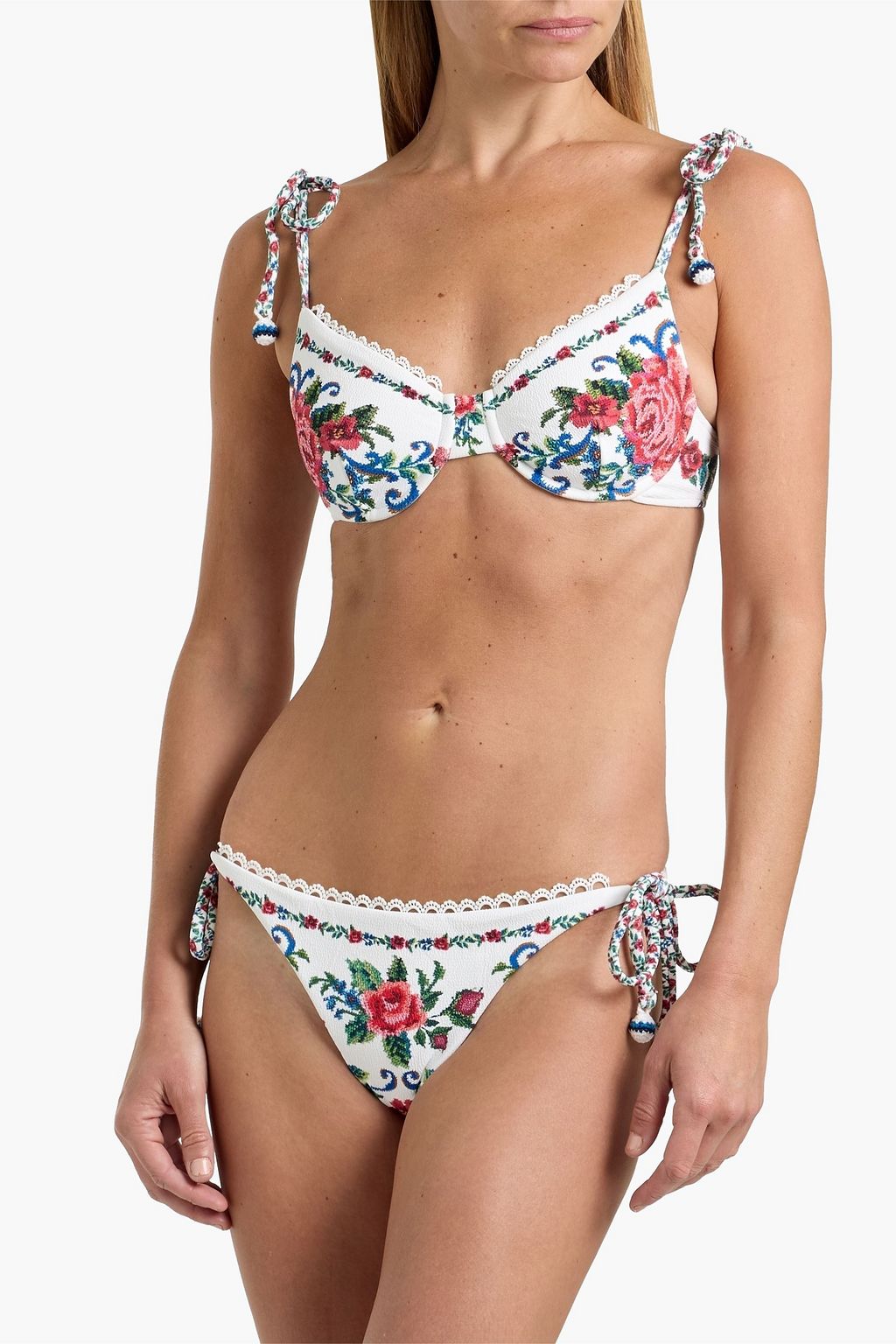 FARM RIO Crochet-trimmed floral-print stretch-seersucker bikini