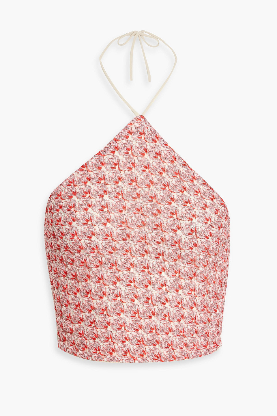 Missoni Cropped Metallic Crochet-knit Halterneck Top In Red
